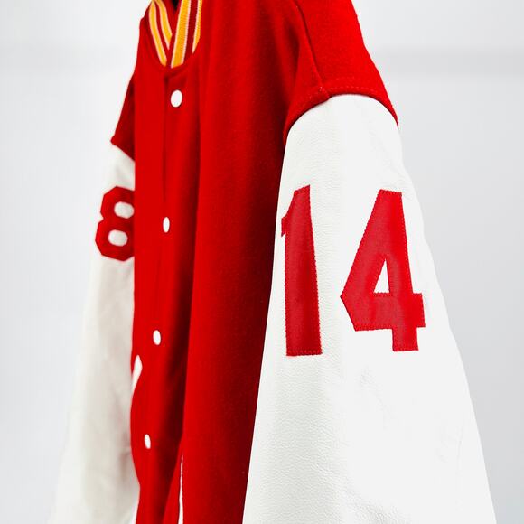 Custom Holloway Wool Red Yellow Varsity Protest Statement Jacket Leather Sleeves - Picture 9 of 11